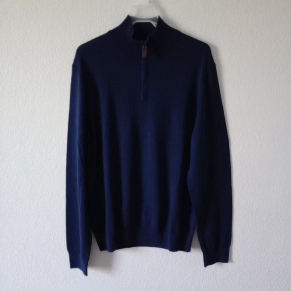 Jos. A. Bank Traveler Men's 100% Merino Wool 1/4 Zip Navy Blue Sweater size L - Picture 5 of 10